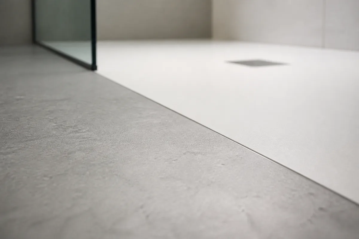 Salle de bain claire equipee d une douche de plain-pied avec barre d appui