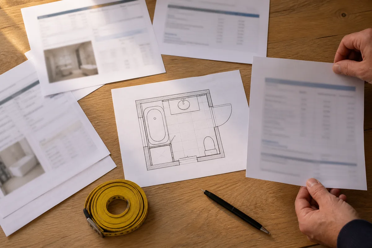 Documents de devis de travaux poses sur une table avec un plan de salle de bain