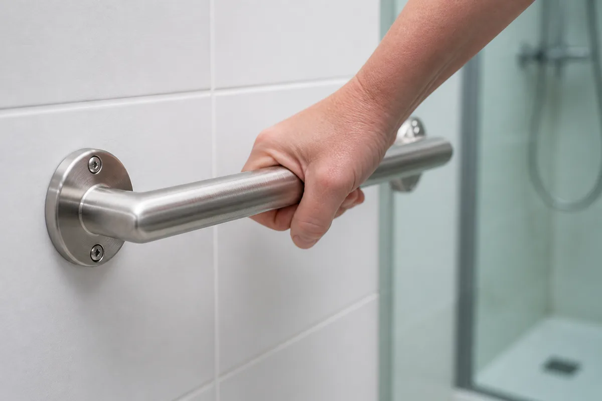 Barre d appui metallique fixee sur un mur carrele pres d une douche
