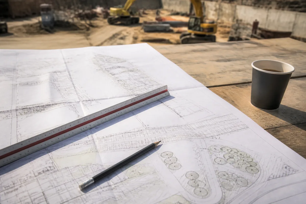 Plan technique déroulé sur une table de chantier avec règle et crayon, lumière naturelle