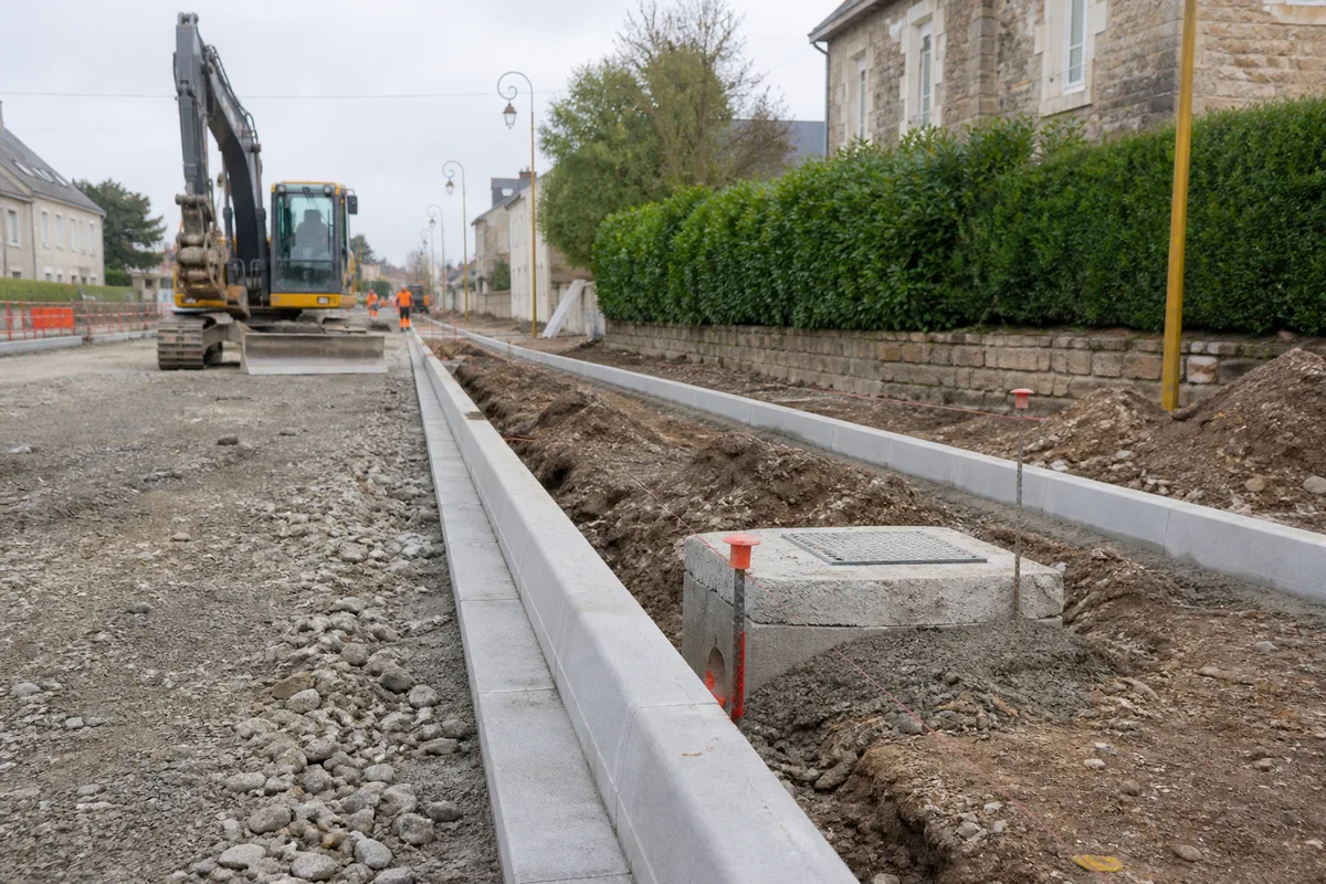 Chantier de voirie en cours avec bordures posées et engin de terrassement à l’arrêt