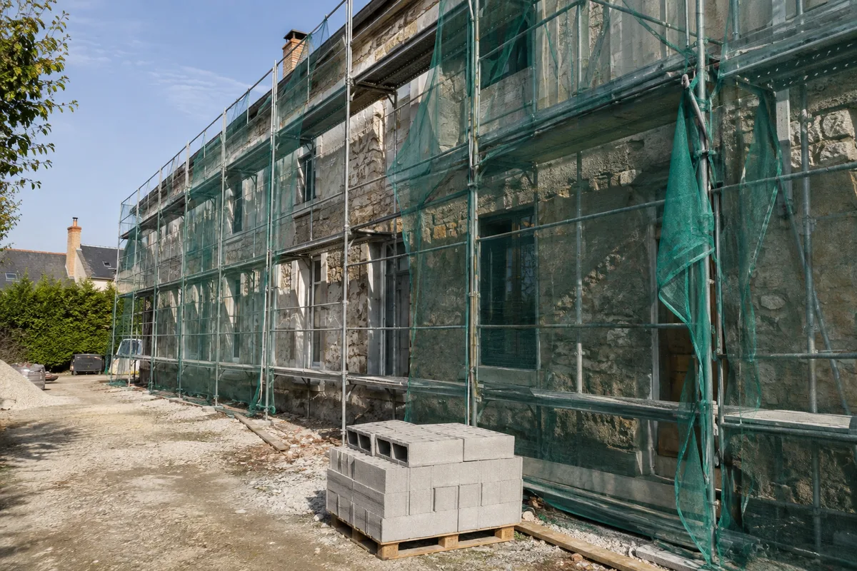Chantier de construction avec échafaudage métallique et bâtiment en gros œuvre