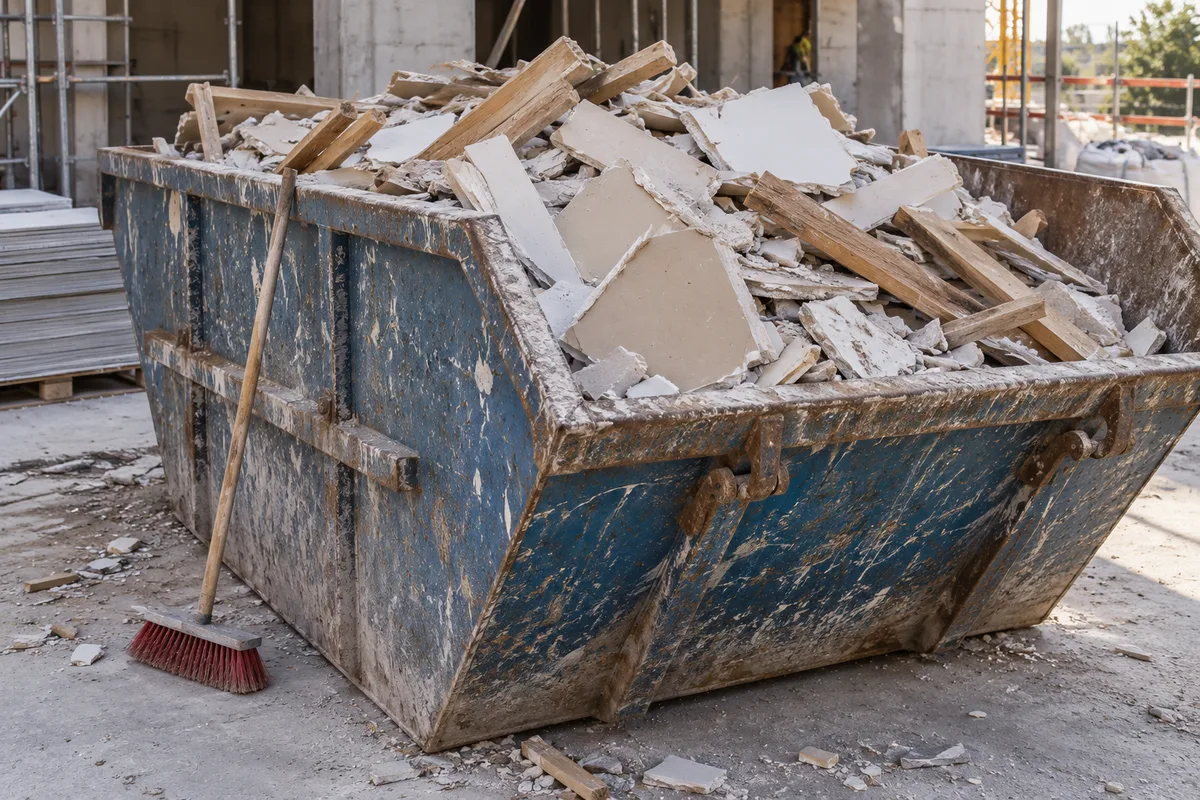 Benne à gravats pleine de débris de plâtre et de bois posée sur une dalle de chantier, balai appuyé contre le flanc