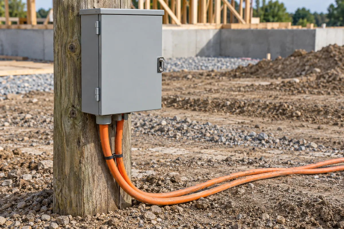 Coffret fermé de couleur unie abritant un compteur électrique provisoire de chantier, fixé sur un poteau, câbles orange posés au sol