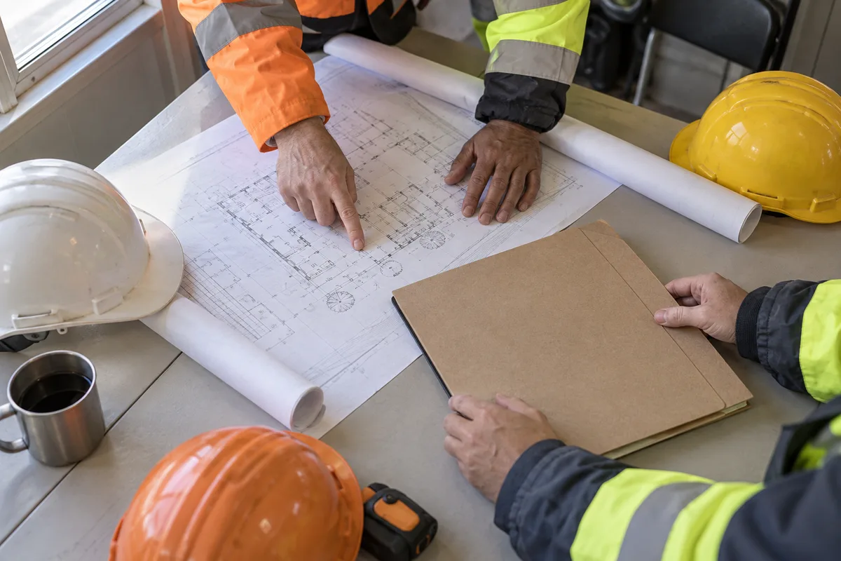 Mains de trois intervenants en vestes de chantier autour d’un plan roulé et d’une chemise cartonnée unie posés sur une table de base vie