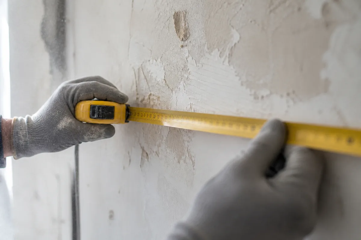 Mains d artisan deroulant un metre ruban le long d un mur en cours de renovation