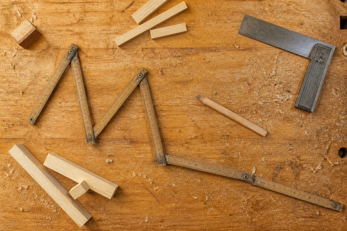 Etabli de menuisier avec metre pliant crayon de charpentier et chutes de bois
