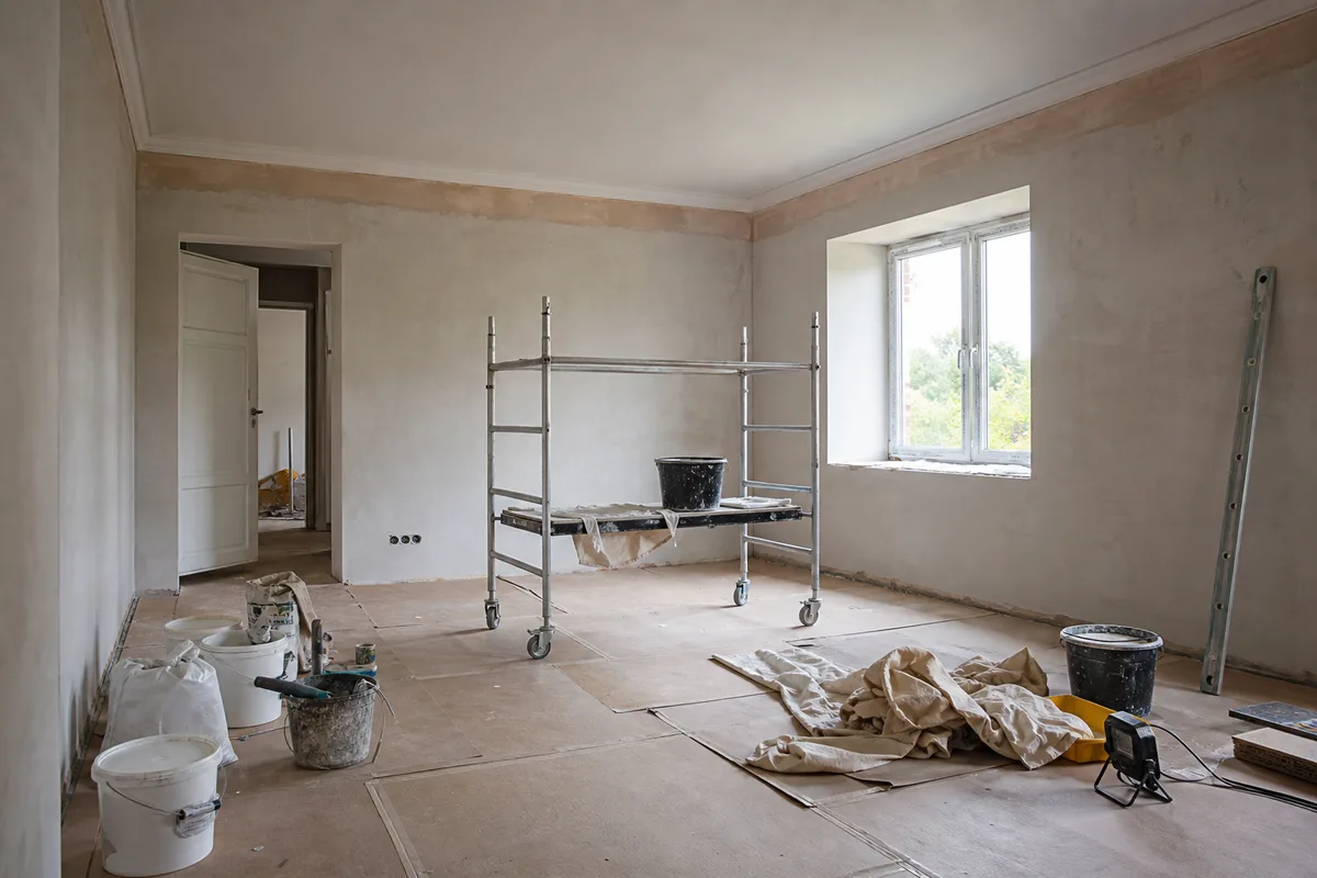Chantier de rénovation intérieure avec échafaudage et outils posés sur un plancher protégé
