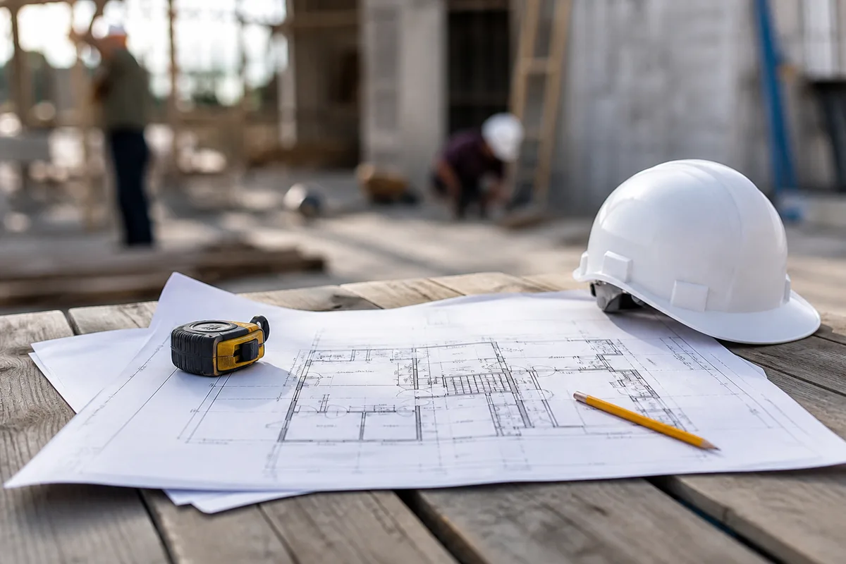 Table de réunion de chantier avec plans de maison, mètre ruban et casque de protection posés dessus