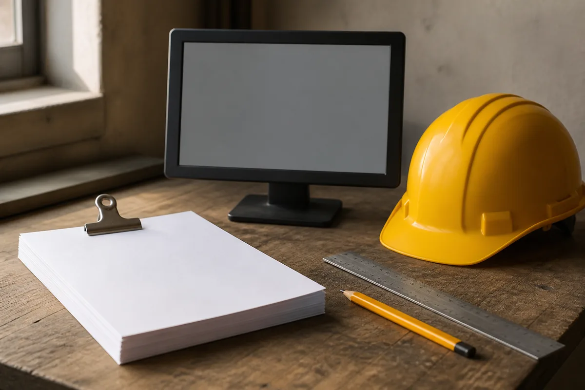 Bureau d artisan avec classeur de factures papier ecran allume et casque de chantier pose a cote