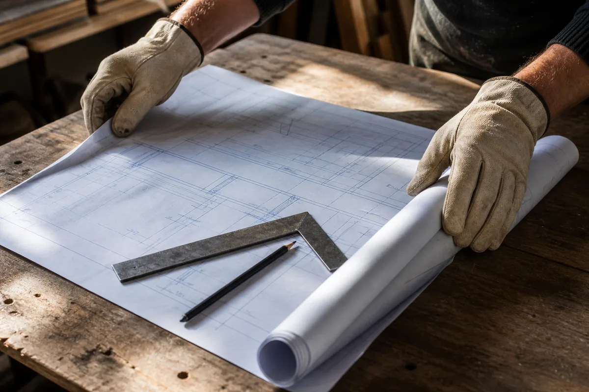 Detail de mains gantees consultant un plan de chantier plie sur un etabli en bois