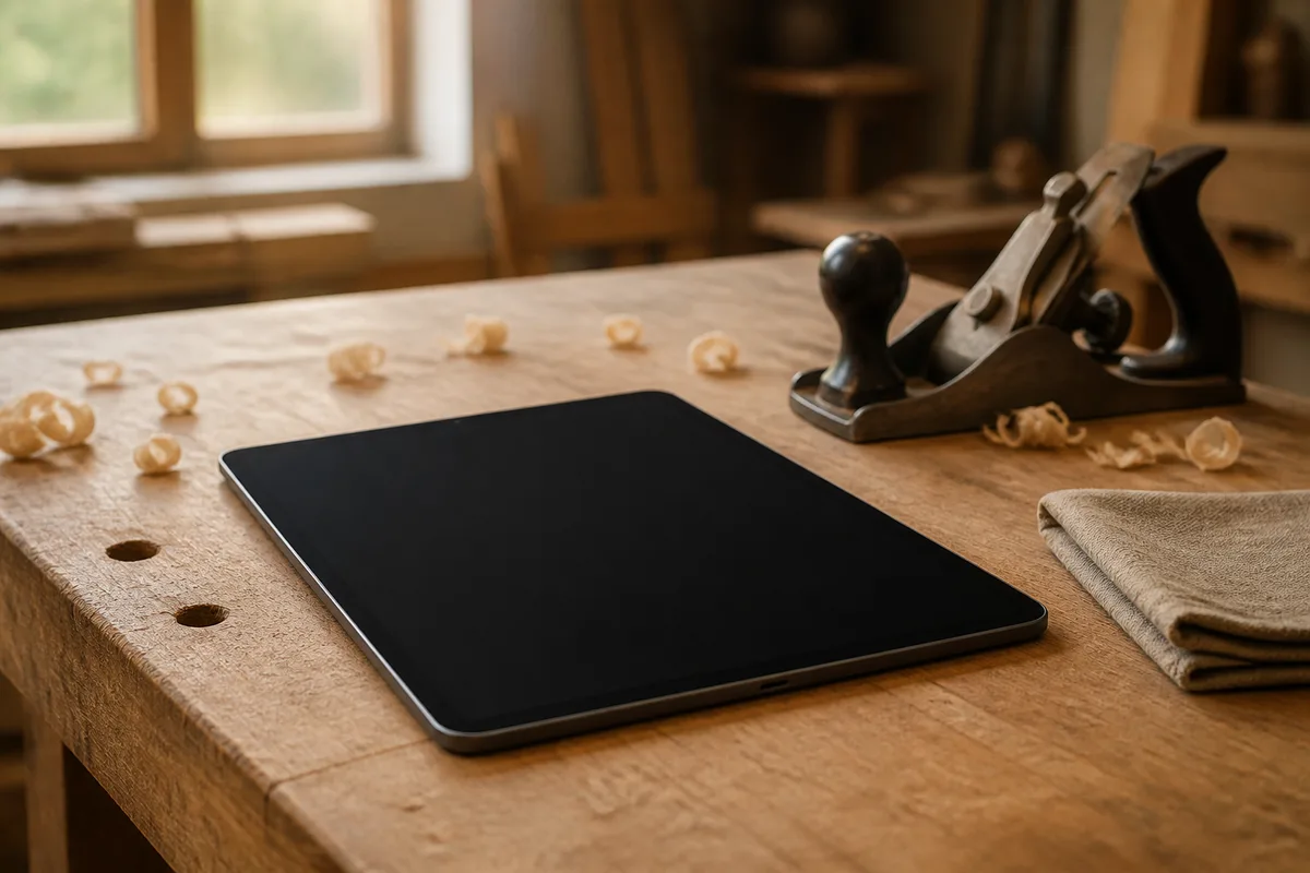 Vue rapprochee d une tablette posee sur un plan de travail dans un atelier de menuiserie avec copeaux de bois