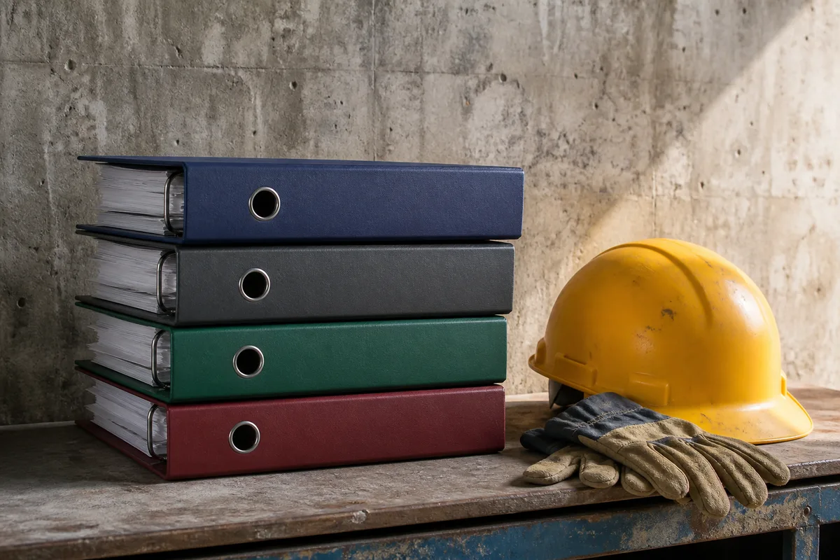 Bureau de chantier avec classeurs de dossiers et casque de sécurité posé sur la table