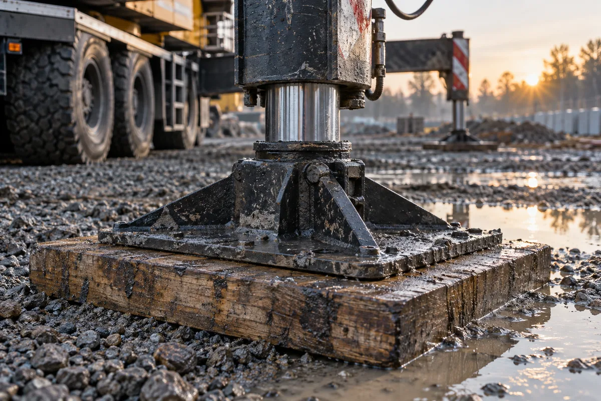 Stabilisateur de grue mobile posé sur une plaque de calage en bois au sol d’un chantier