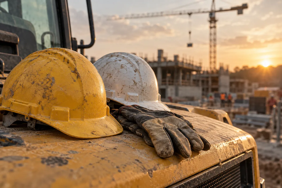 Deux casques de chantier et une paire de gants posés sur le capot d’un engin, grue au loin en fin de journée