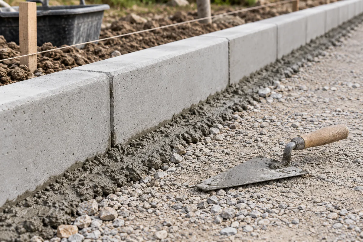 Bordures de trottoir en béton gris posées sur un lit de béton frais le long d&rsquo;une chaussée en grave compactée