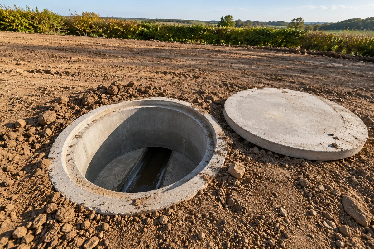 Regard de visite en béton ouvert au milieu d&rsquo;un terrain nivelé, dalle de couverture posée à côté