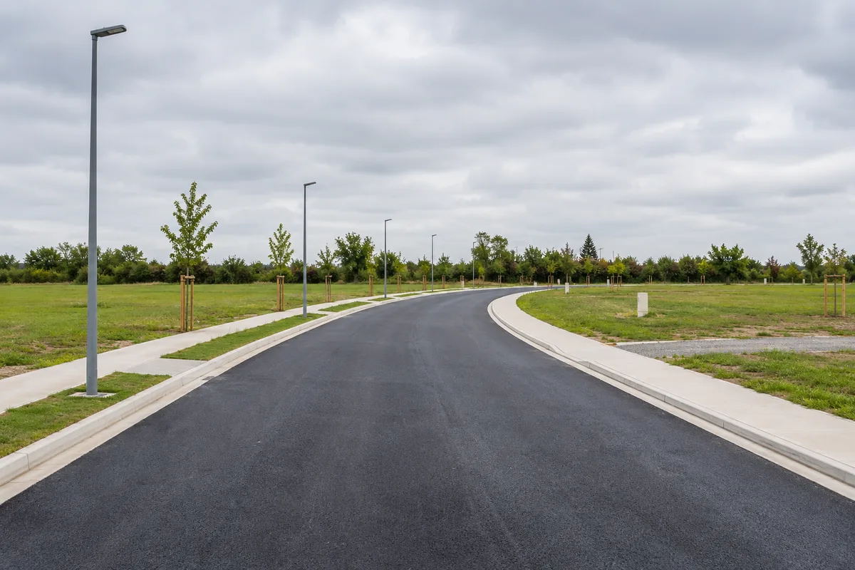 Voirie neuve de lotissement au bitume noir bordée de trottoirs clairs et de parcelles vides sous un ciel couvert