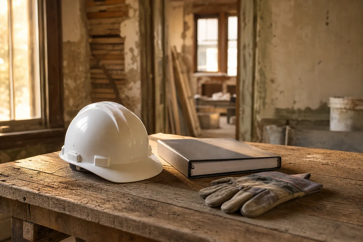 Casque de chantier et rapport posés sur un plan de travail avant l&rsquo;ouverture d&rsquo;un chantier