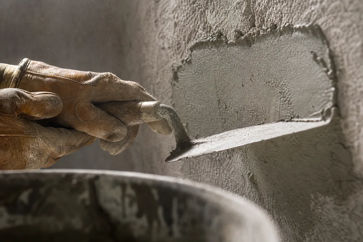 Mains gantées d&rsquo;artisan lissant du mortier à la truelle sur un mur de chantier