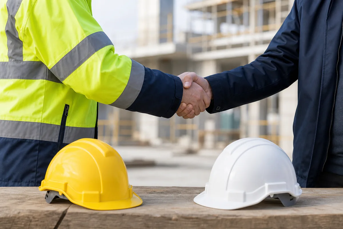 Poignée de main entre deux professionnels sur un chantier, casques posés sur un établi en bois