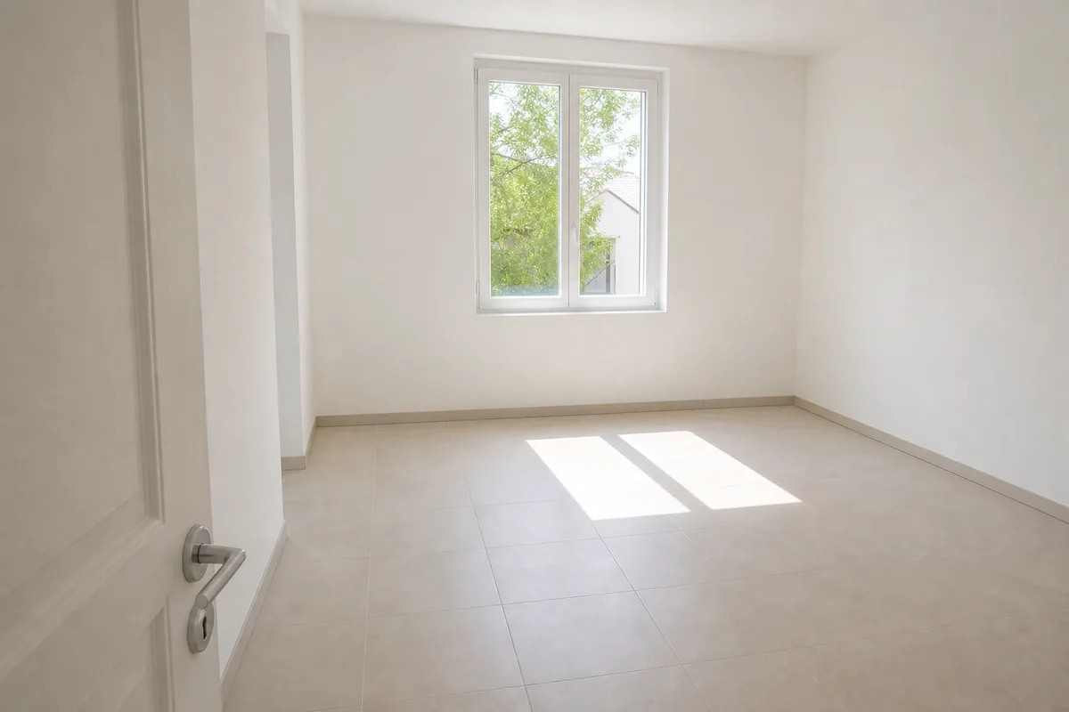 Pièce fraîchement rénovée après réception de chantier, carrelage net et lumière naturelle