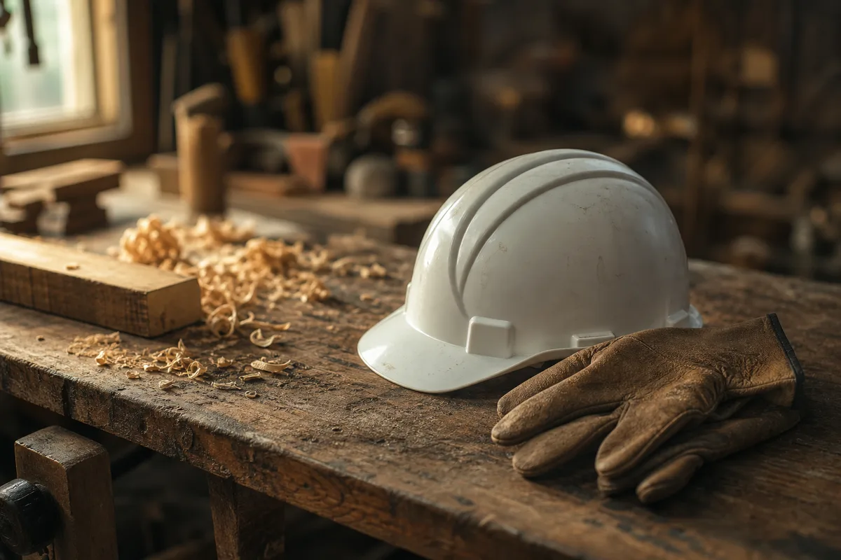 Casque de chantier et gants de cuir posés sur un établi en bois dans un atelier
