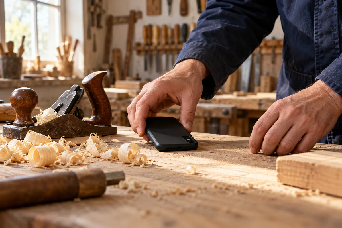 Mains d’artisan posant un téléphone écran contre l’établi, près d’un rabot