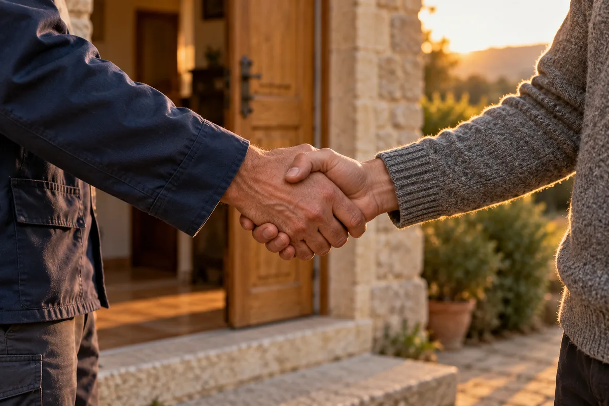 Poignée de main entre un artisan et un client sur le seuil d’une maison