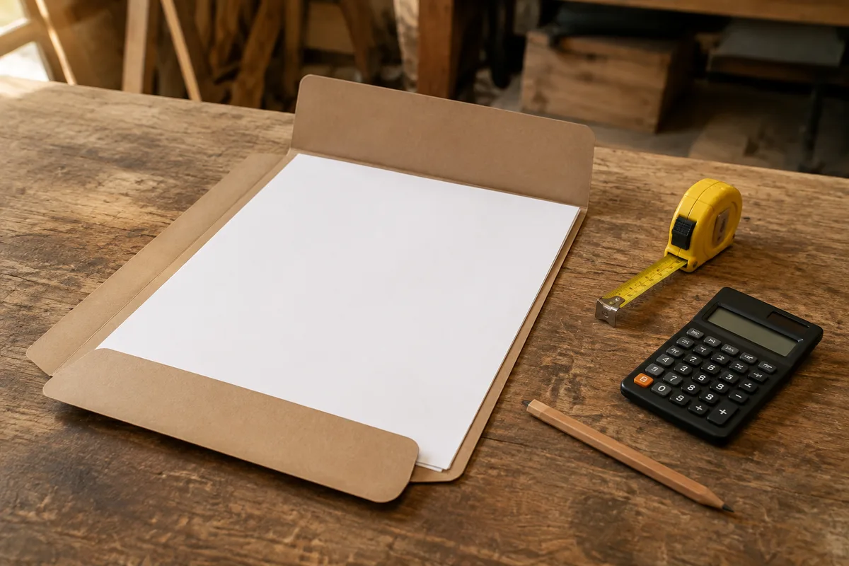 Bureau d artisan avec dossier ouvert, mètre ruban et stylo posés sur des feuilles vierges