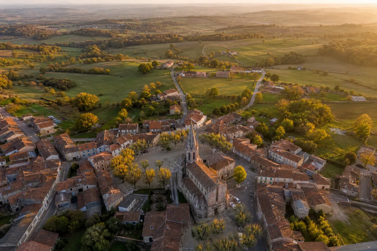 Vue aerienne d un bourg francais aux toitures de tuiles avec routes de campagne rayonnantes