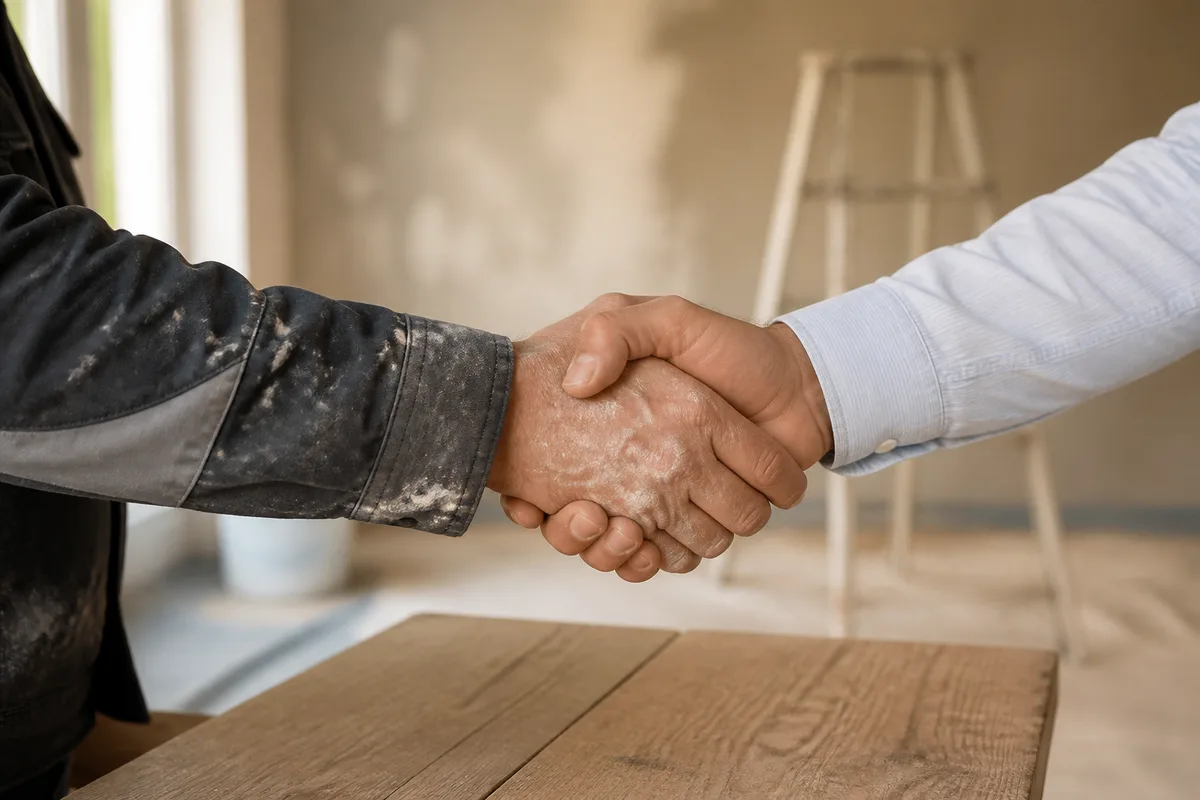 Mains d un artisan et d un client se serrant au dessus d une table en bois dans une piece en renovation
